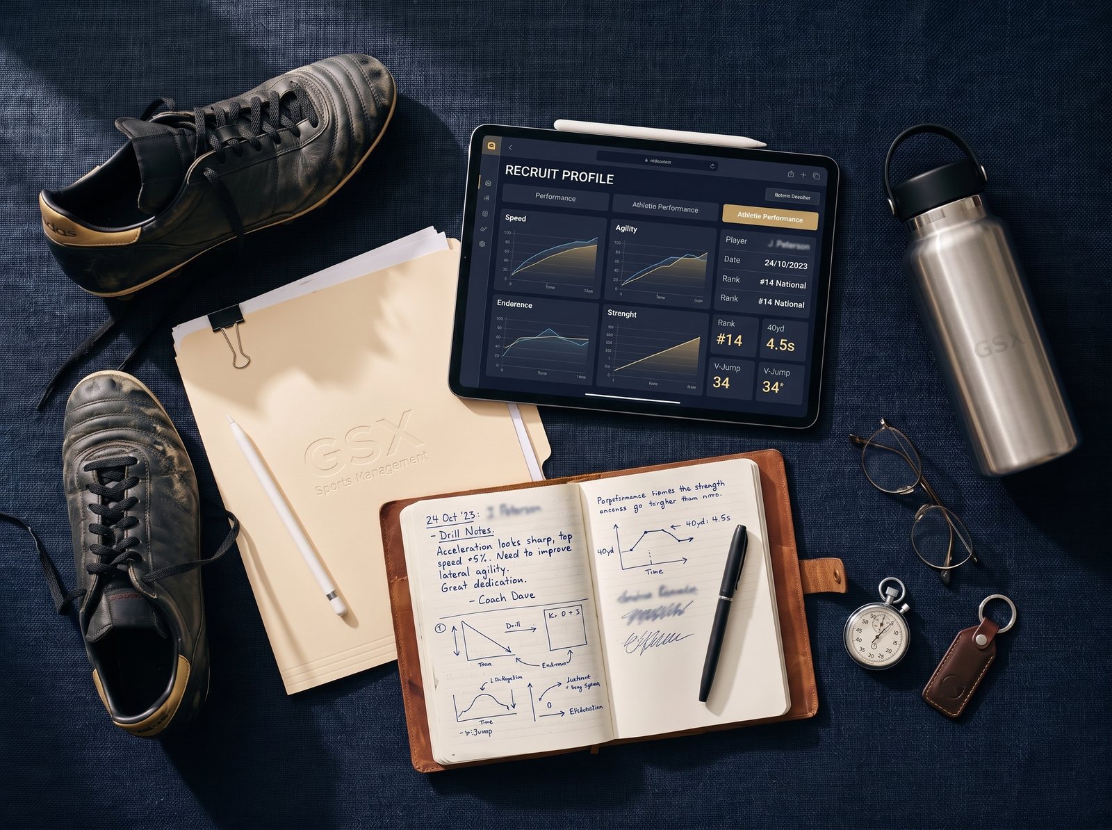 Athlete evaluation desk with performance tablet, notebook and GSX folder