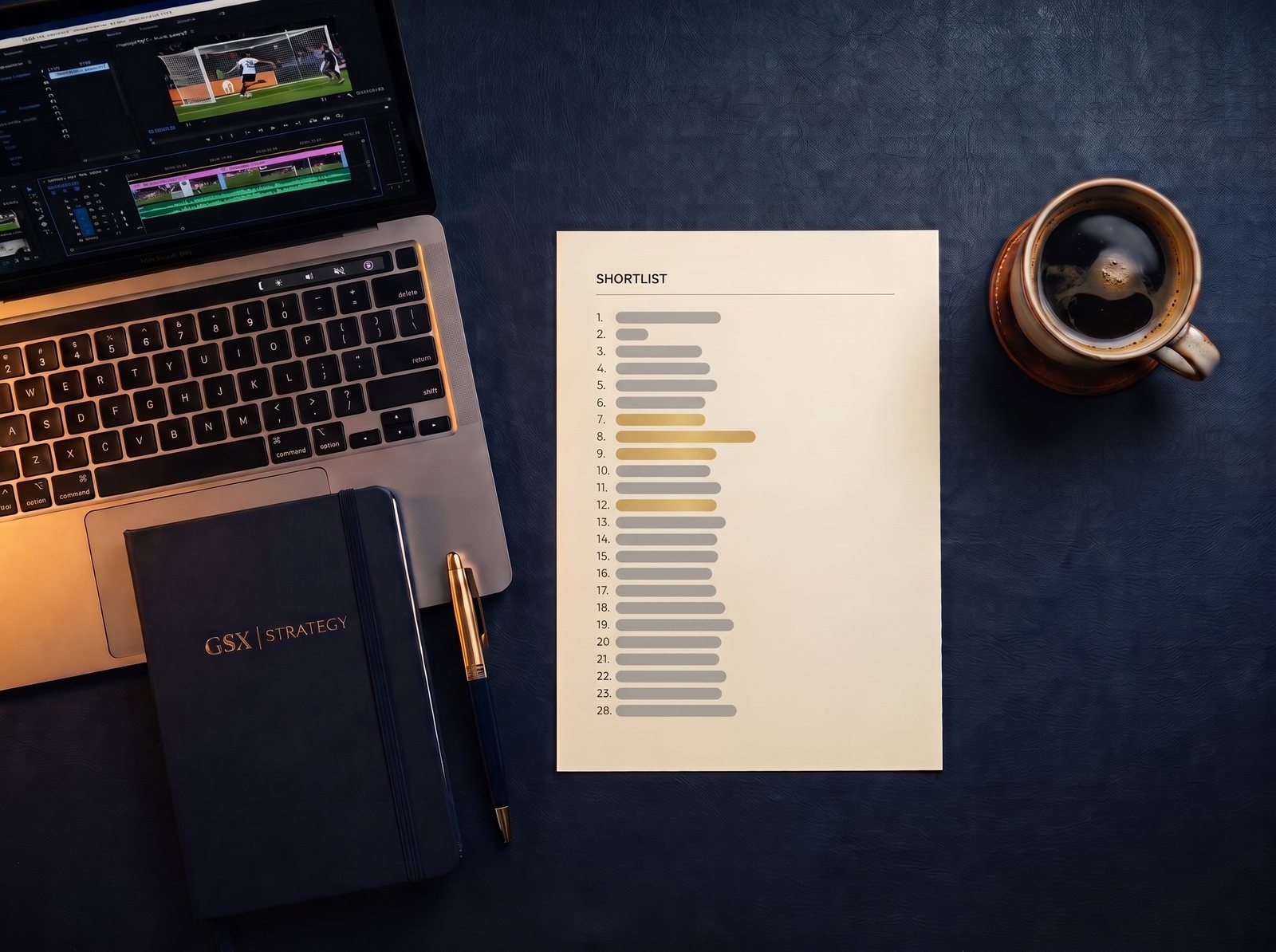 Strategy desk with a university shortlist and highlight reel editing