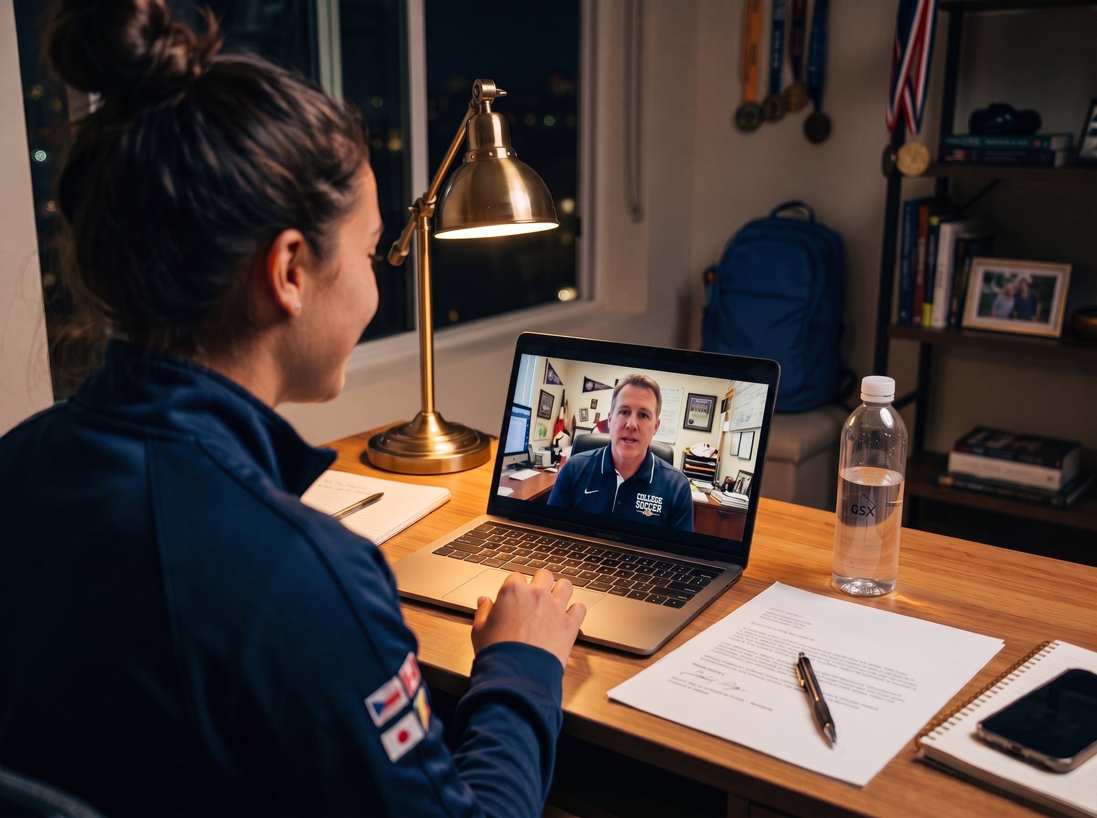 Athlete on a video call with a U.S. college coach
