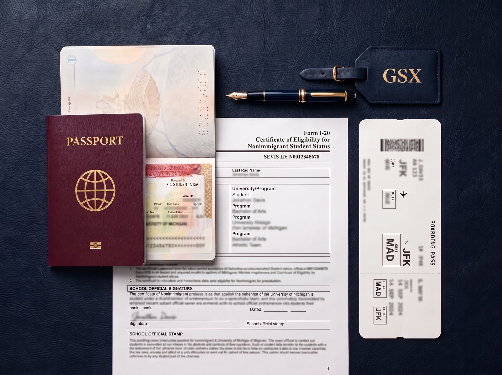 Passport with F-1 student visa, Form I-20 and a boarding pass